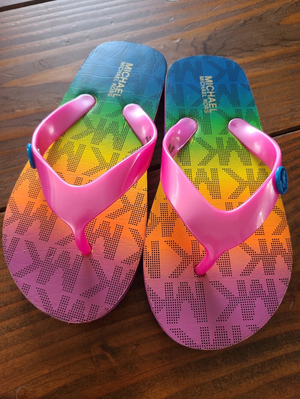 MICHAEL KORS Rainbow Logo Flip Flops with Pink Straps - 11/12 Toddler